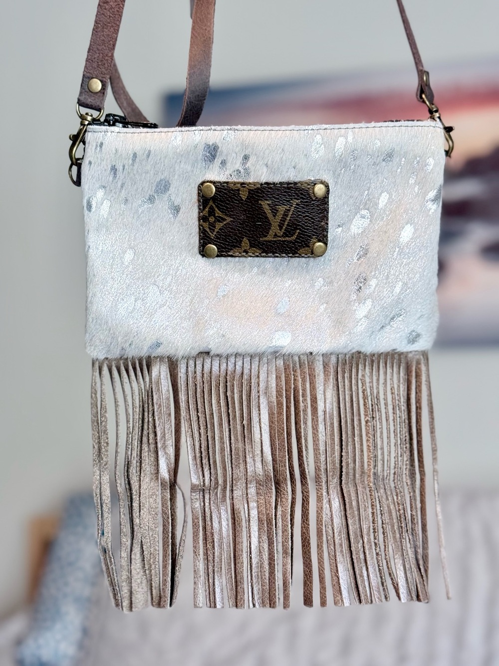 Upcycled Western Fringe Cowhide Festival Leather Hair on Hide Acid Washed Bag
